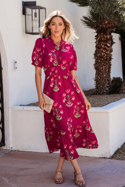 Red Floral Print Frilled V Neck Short Sleeve Ruffle Maxi Dress