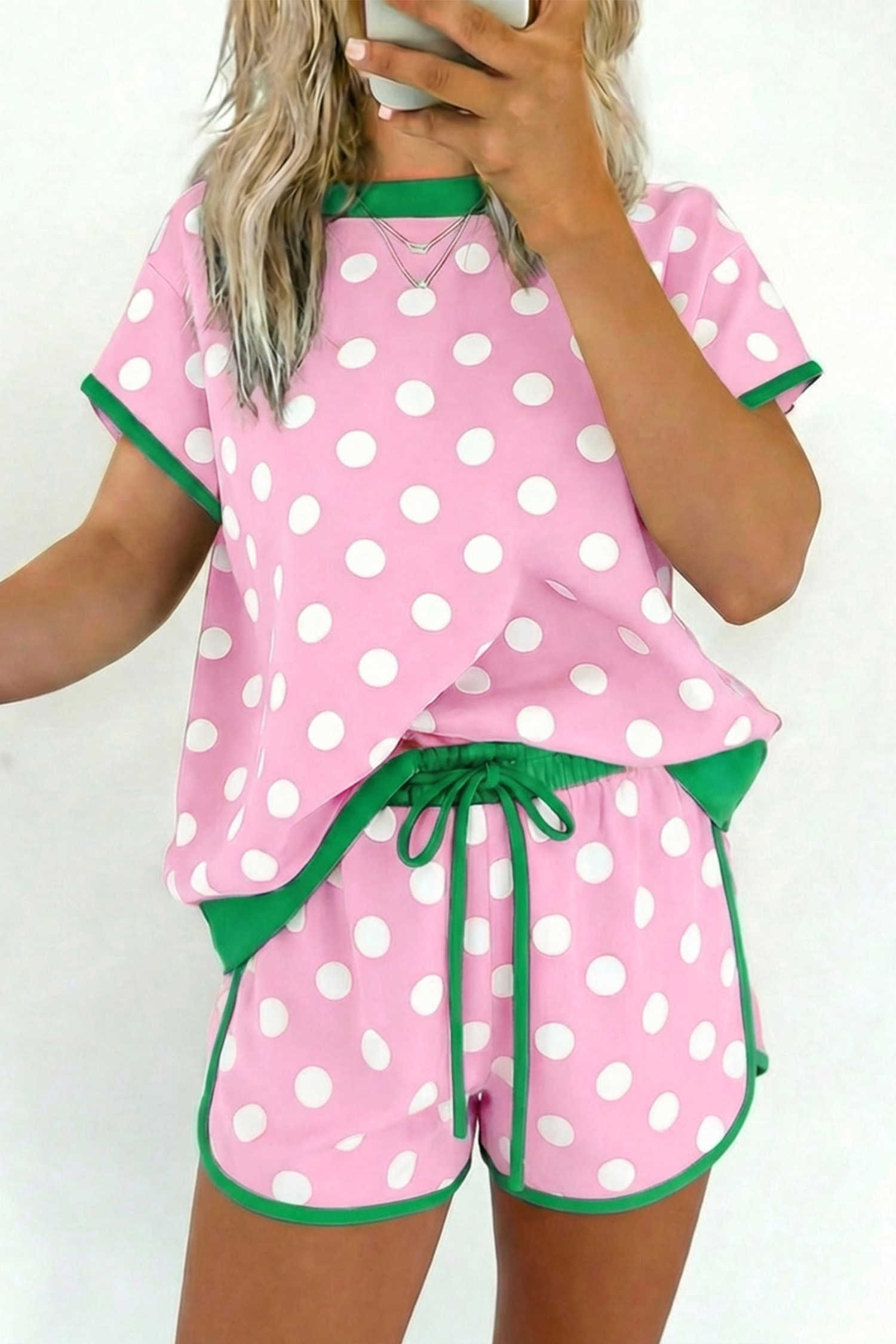 Pink Polka Dot Contrast Edge Casual Short Set