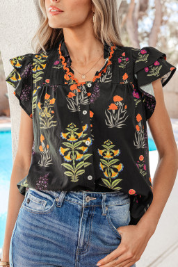 Black Floral Print Lace Trim Frilled V Neck Short Sleeve Shirt