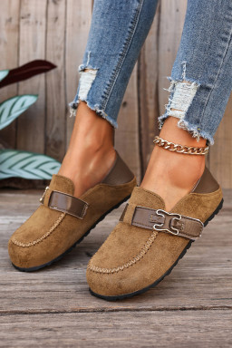 Khaki Faux Suede PU Leather Patchwork Retro Buckle Slip On Shoes