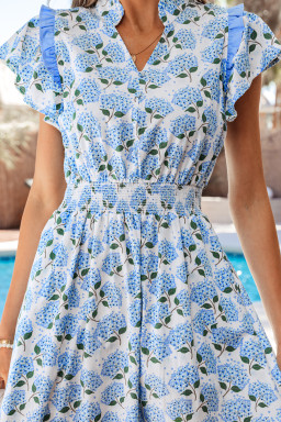 Sky Blue Hydrangea Floral Print Ruffle Trim Flutter Sleeve Long Dress