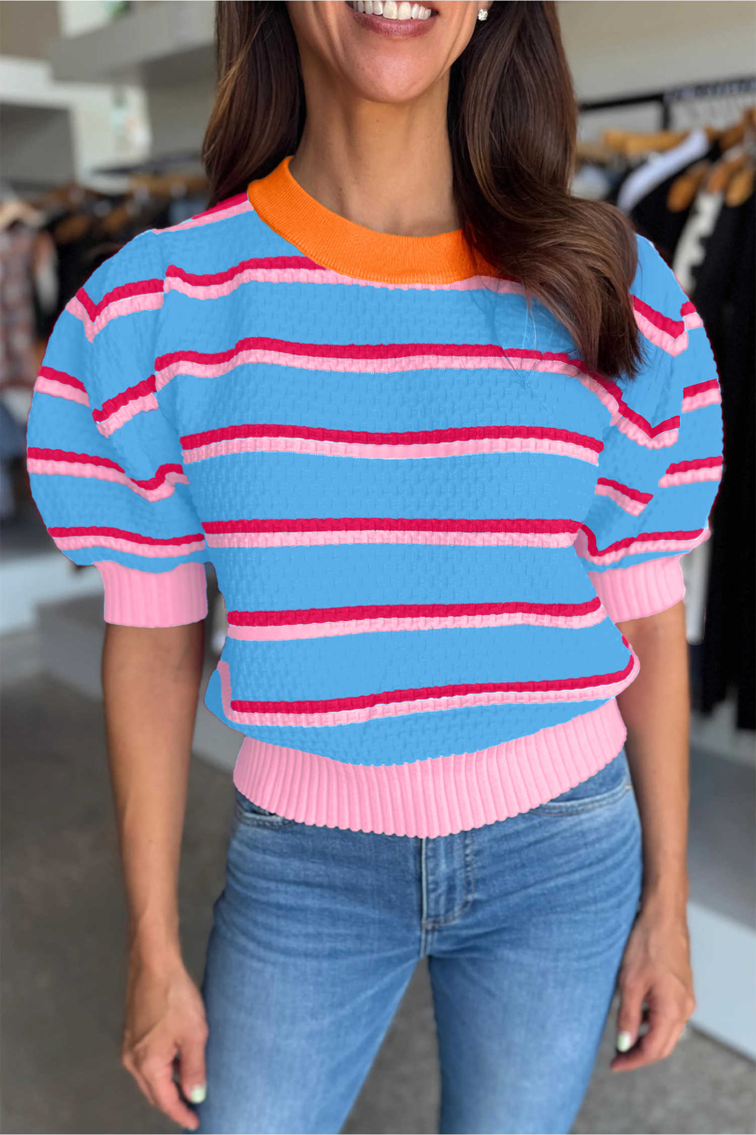 Sky Blue Stripe Colorblock Trim Half Sleeve Sweater Top