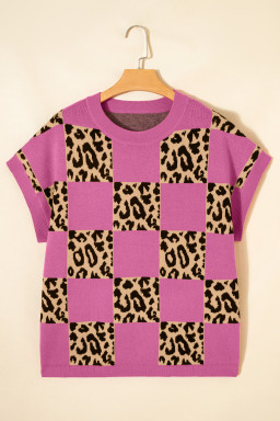 Rose Red Leopard Checkerboard Short Sleeve Knit Sweater