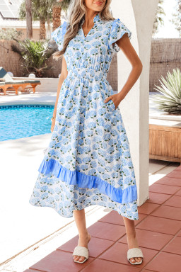 Sky Blue Hydrangea Floral Print Ruffle Trim Flutter Sleeve Long Dress