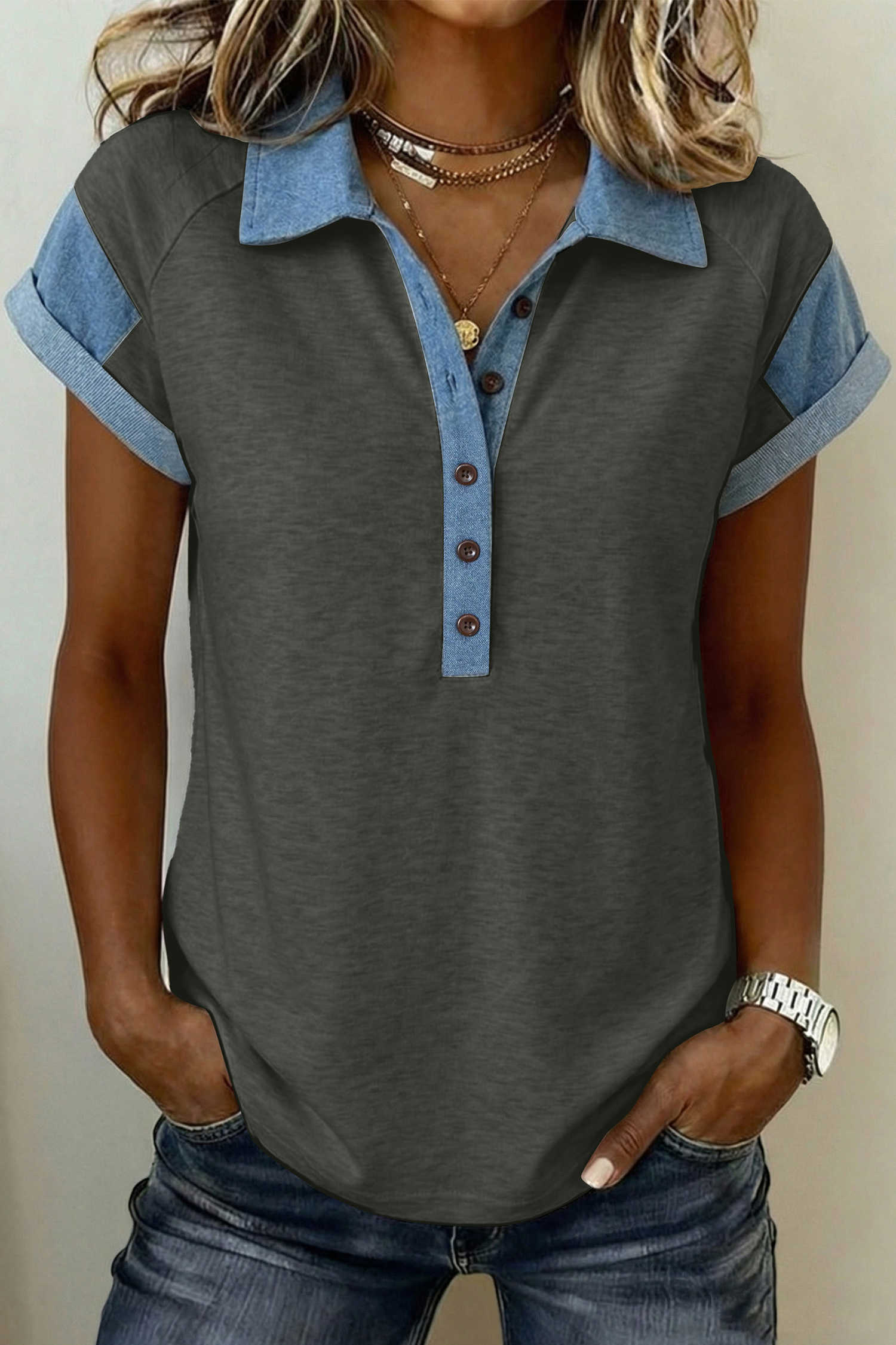 Carbon Grey Denim Color Block Patchwork Shirt Collar Short Sleeve Blouse