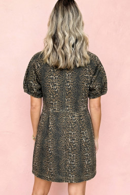 Gray Leopard Print Short Sleeve Pleated Denim Mini Dress