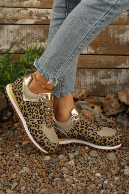 Coffee Leopard Faux Suede Mixed Patchwork Lace Up Sneakers