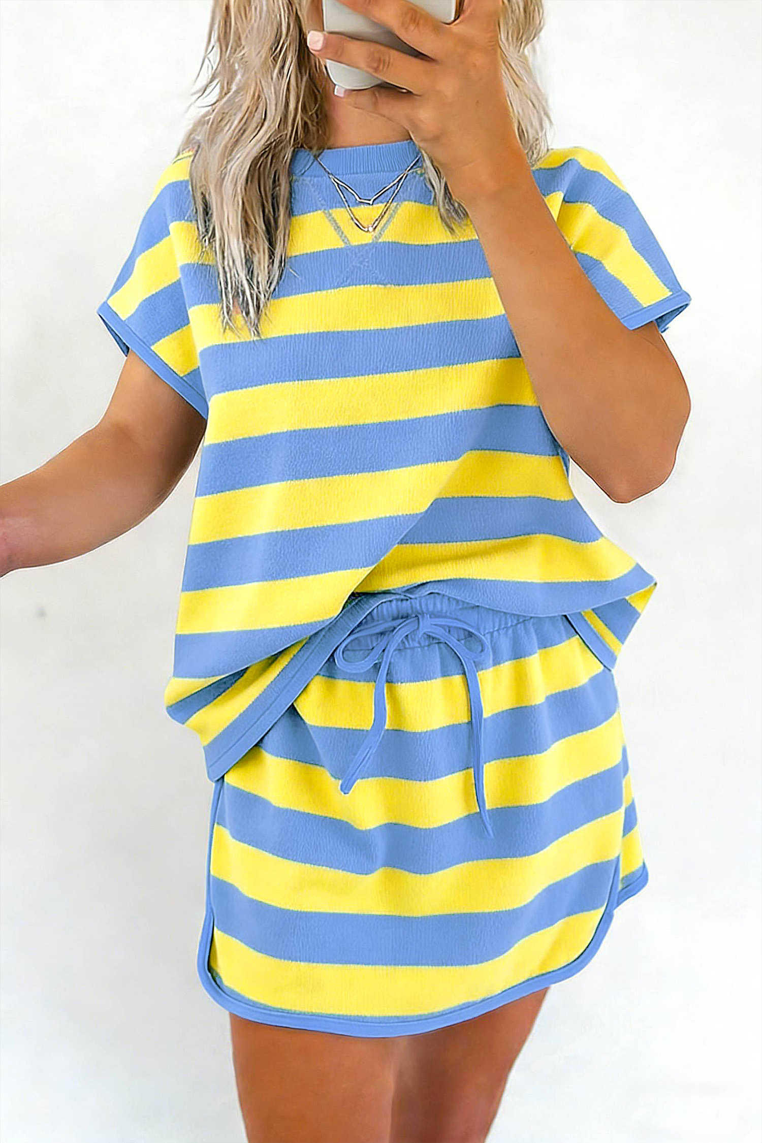 Yellow Stripe Dolman Tee Drawstring Skort Athletic 2pcs Set