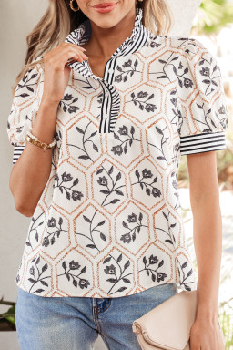 White Floral Print Striped Patchwork Button Neck Short Sleeve Blouse