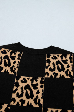 Black Leopard Checkerboard Short Sleeve Knit Sweater