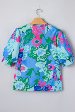 Sky Blue Floral Print V Neck Half Sleeve Blouse