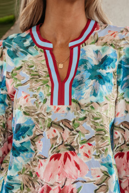 Sky Blue Contrast Trim V Neck Cuffed Bracelet Sleeve Floral Blouse