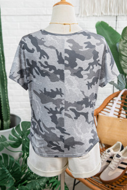 Gray Camouflage Retro American Flag Printed Tee