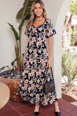 Blue Short Sleeve Smocked Detail High Waist Floral Maxi Dress