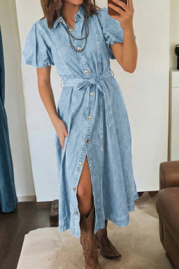 Beau Blue Full Buttons Collared Short Bubble Sleeve Long Denim Dress
