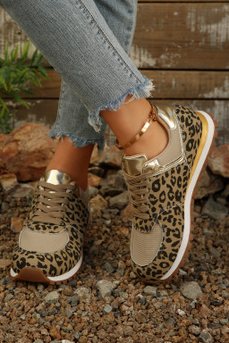 Coffee Leopard Faux Suede Mixed Patchwork Lace Up Sneakers