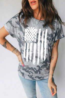 Gray Camouflage Retro American Flag Printed Tee
