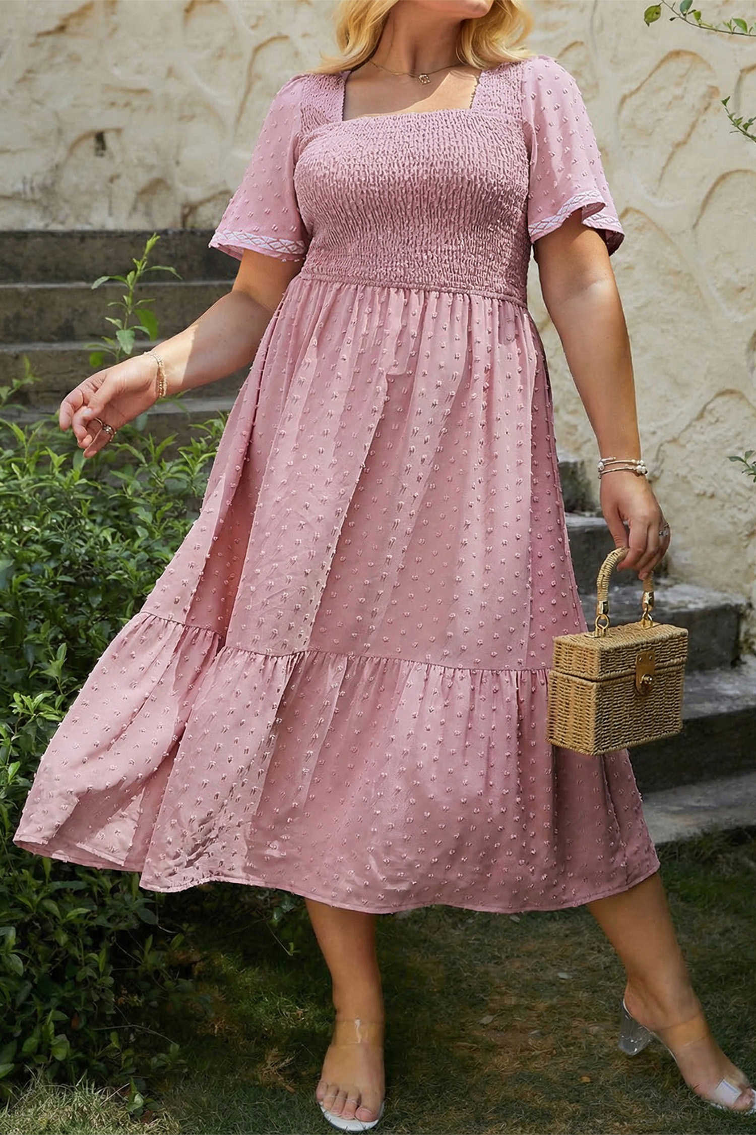 Pink Plus Size Swiss Dot Short Sleeve Smocked High Waist Flowy Midi Dress