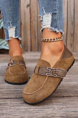 Khaki Faux Suede PU Leather Patchwork Retro Buckle Slip On Shoes