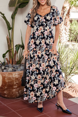 Blue Short Sleeve Smocked Detail High Waist Floral Maxi Dress