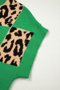 Green Leopard Checkerboard Short Sleeve Knit Sweater
