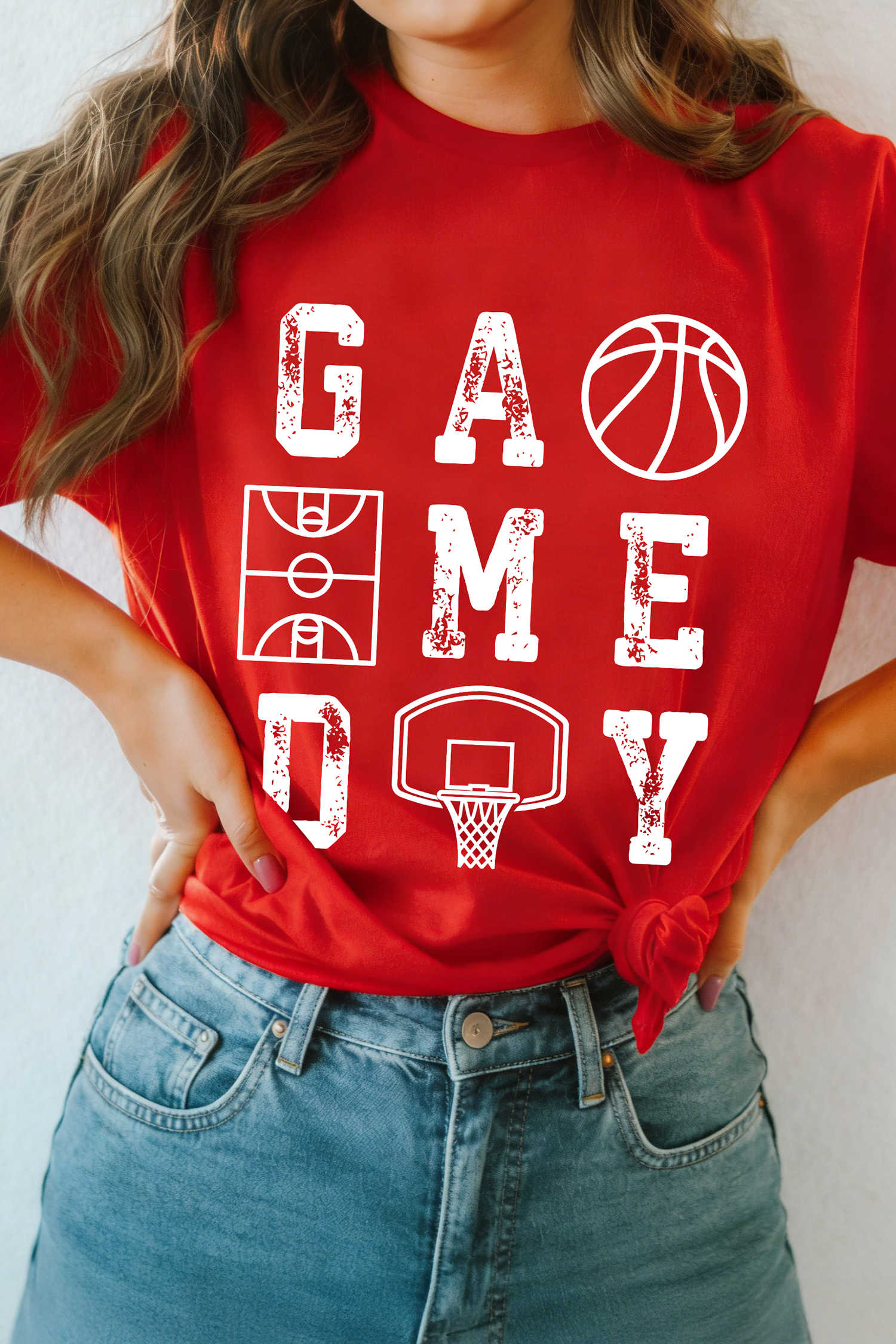 Red Game Day Basketball Distressed Print Tee