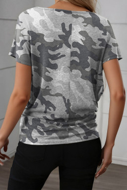 Gray Camouflage Retro American Flag Printed Tee