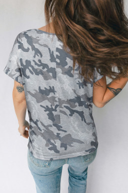 Gray Camouflage Retro American Flag Printed Tee
