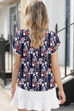 Casual Floral Print Half Button Lace Trim Petal Sleeve Blouse