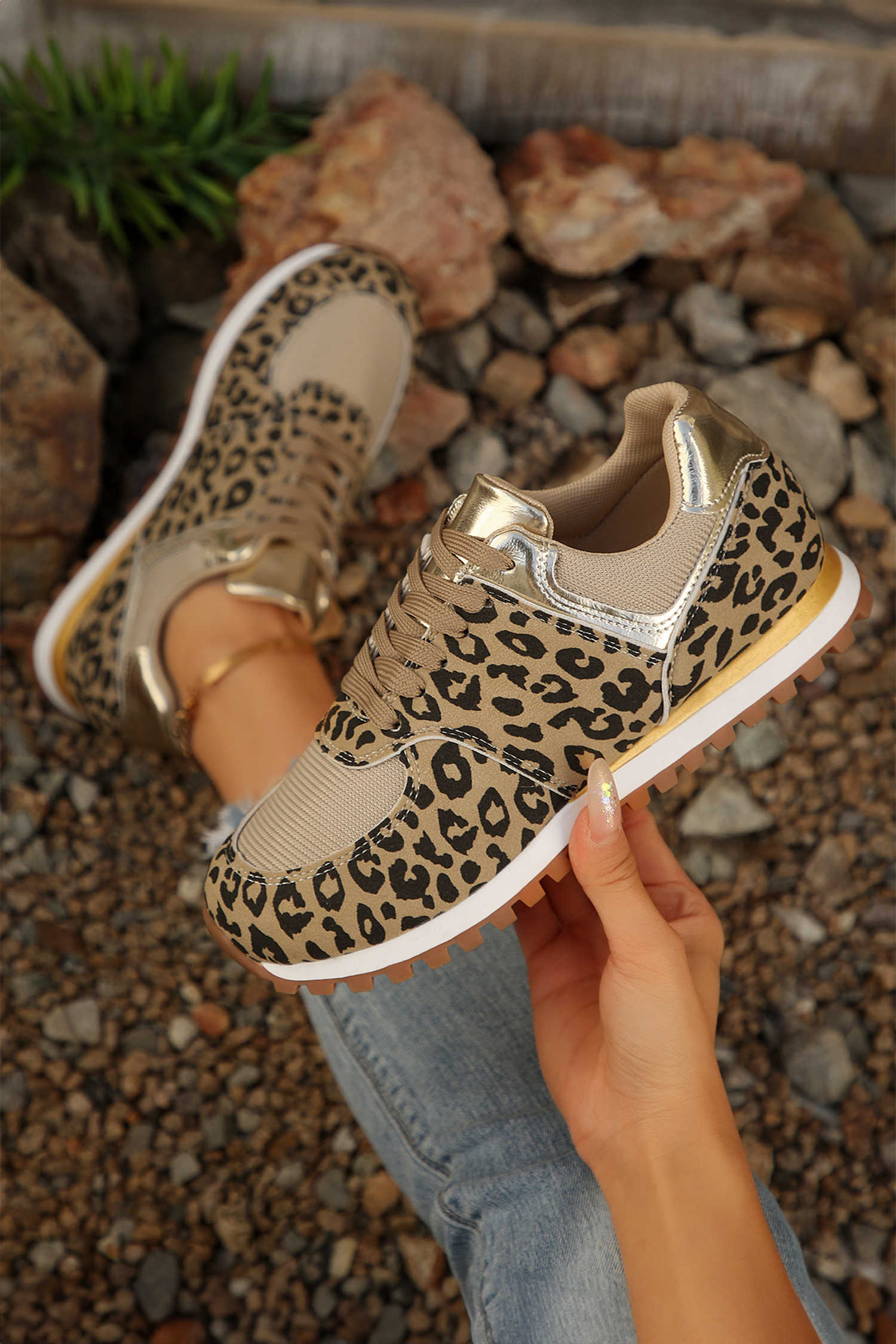 Coffee Leopard Faux Suede Mixed Patchwork Lace Up Sneakers