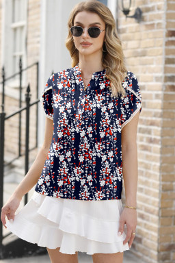 Casual Floral Print Half Button Lace Trim Petal Sleeve Blouse