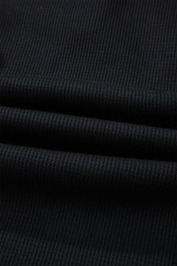 Black Waffle Knit Denim Contrast Trim Patchwork Button Polo Tee Dress