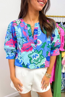 Sky Blue Floral Print V Neck Half Sleeve Blouse