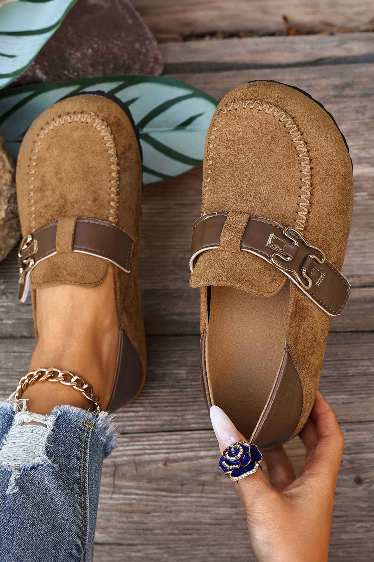 Khaki Faux Suede PU Leather Patchwork Retro Buckle Slip On Shoes