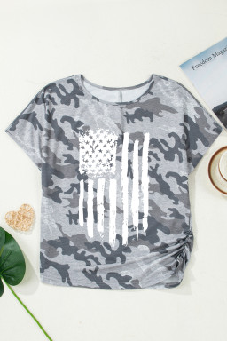 Gray Camouflage Retro American Flag Printed Tee
