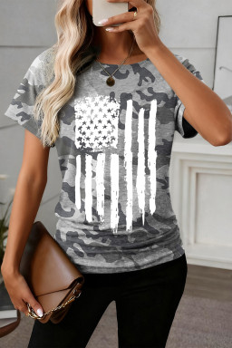 Gray Camouflage Retro American Flag Printed Tee