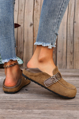 Khaki Faux Suede PU Leather Patchwork Retro Buckle Slip On Shoes