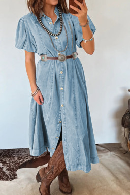Beau Blue Full Buttons Collared Short Bubble Sleeve Long Denim Dress