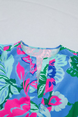 Sky Blue Floral Print V Neck Half Sleeve Blouse