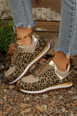 Coffee Leopard Faux Suede Mixed Patchwork Lace Up Sneakers