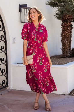 Red Floral Print Frilled V Neck Short Sleeve Ruffle Maxi Dress