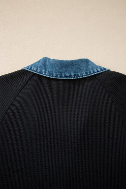 Black Waffle Knit Denim Contrast Trim Patchwork Button Polo Tee Dress