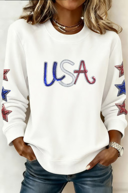 White Sequin USA Star Patched Sleeve Relaxed Sweatshirt