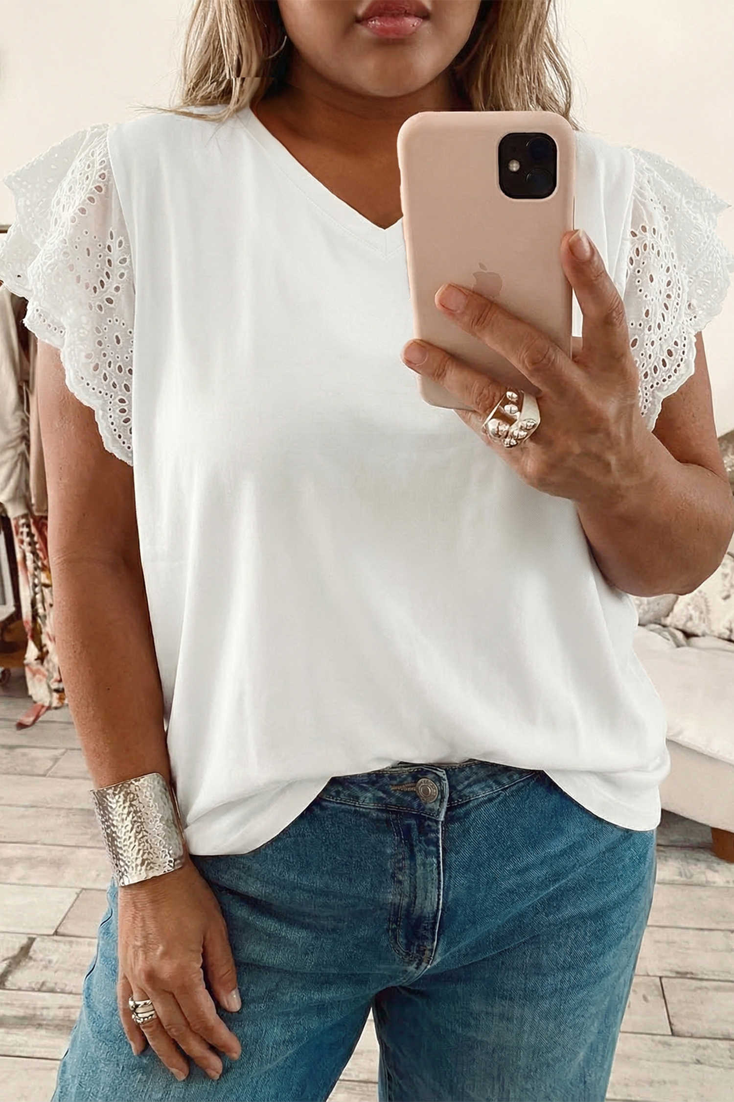 White Eyelet Crochet Splicing Short Sleeve Plus Size Tee