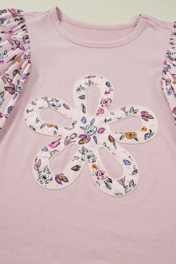 Pink Contrast Floral Patched Flowy Half Sleeve Blouse