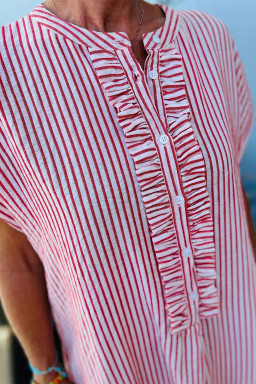 Red Stripe Frilled Detail Half Buttons Short Sleeve Long Dress