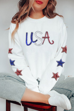 White Sequin USA Star Patched Sleeve Relaxed Sweatshirt