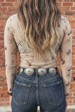 Oatmeal Western Print Slim Fit Mesh Long Sleeve Mock Neck Top