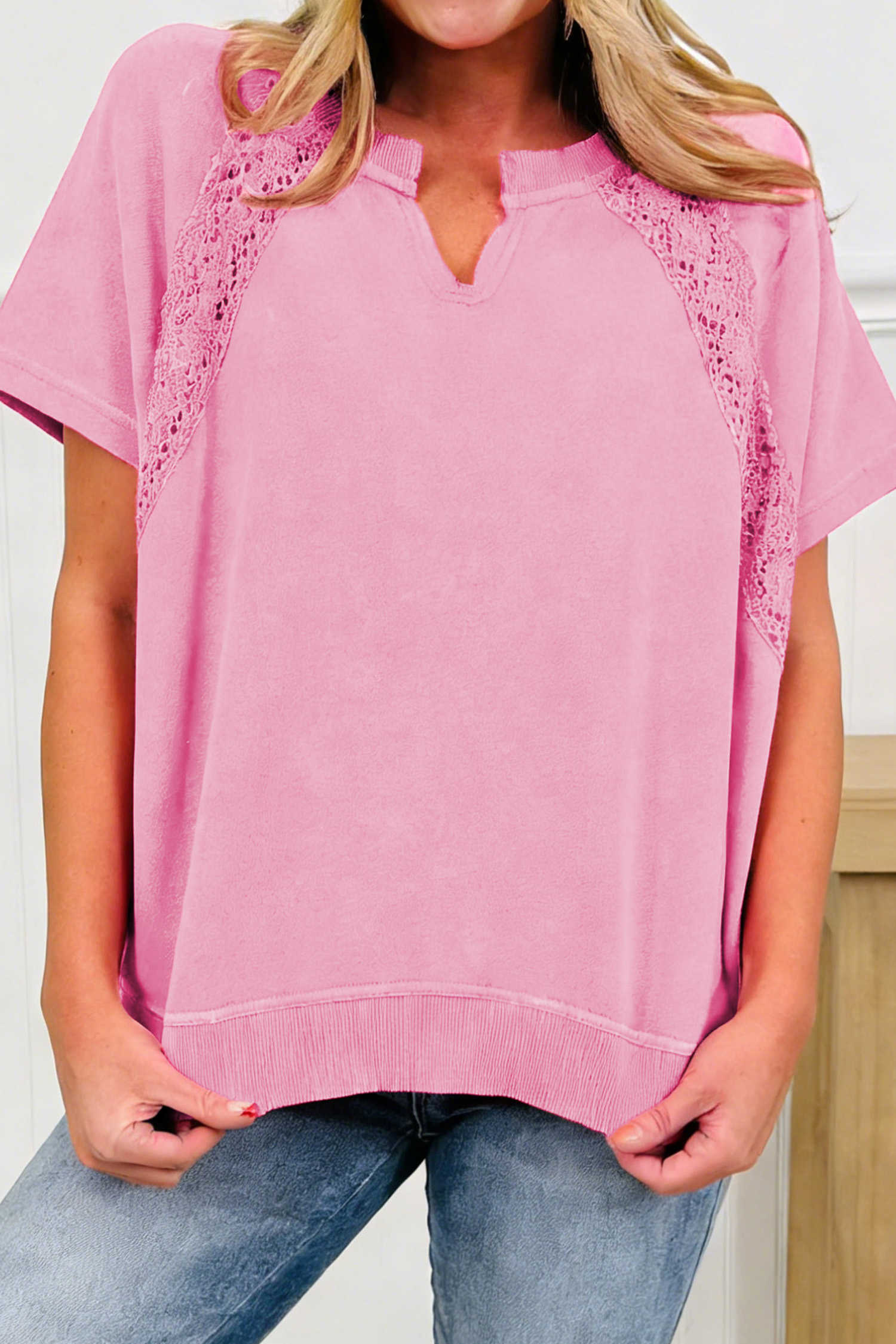 Pink Raw Cut Notched Neck Lace Patchwork Detail Mineral Wash Tee