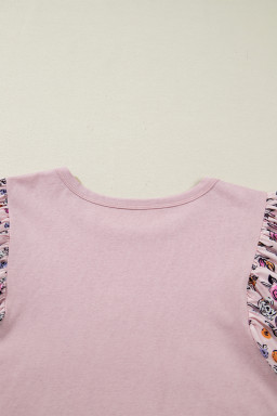Pink Contrast Floral Patched Flowy Half Sleeve Blouse